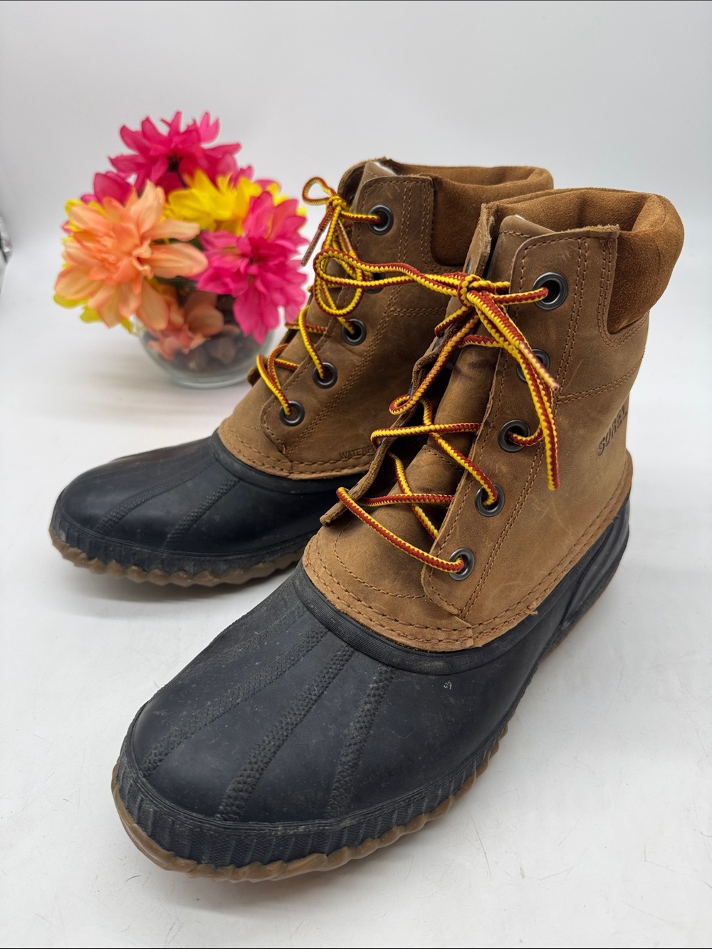 Sorel Men's Brown Leather and Black Rubber Lace-Up Rain & Snow Boots